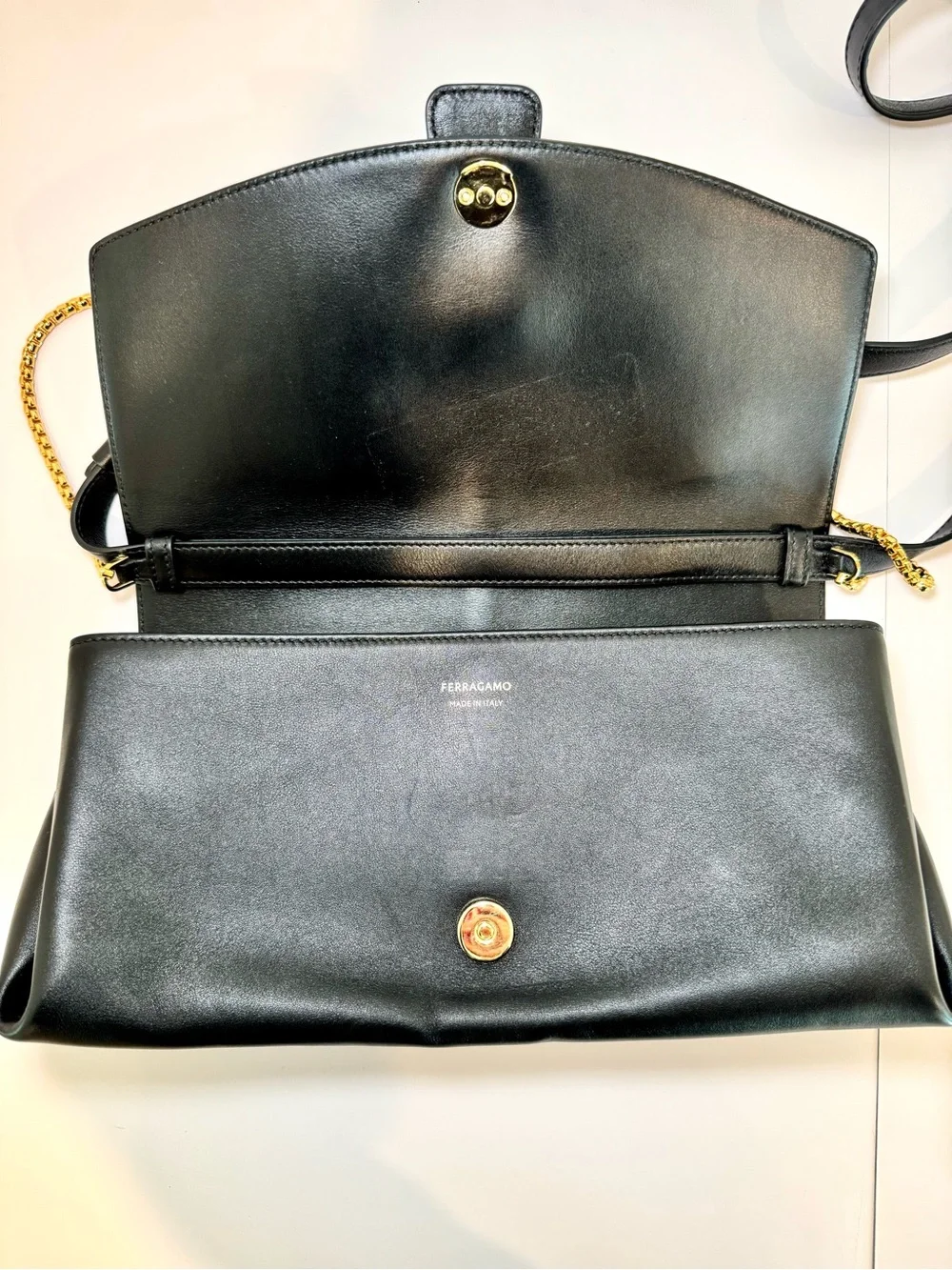 Ferragamo New Line Medium Black Leather Shoulder Bag W 2 Straps & Gold Accents